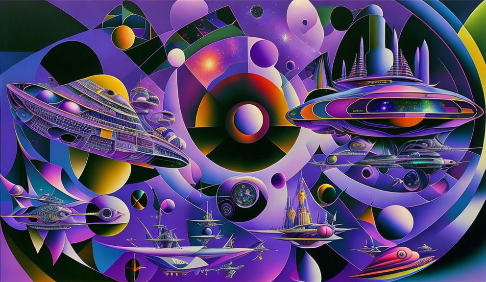 Colorful Psychedelic Space Scene with Futuristic Spacecraft and Celestial Bodies