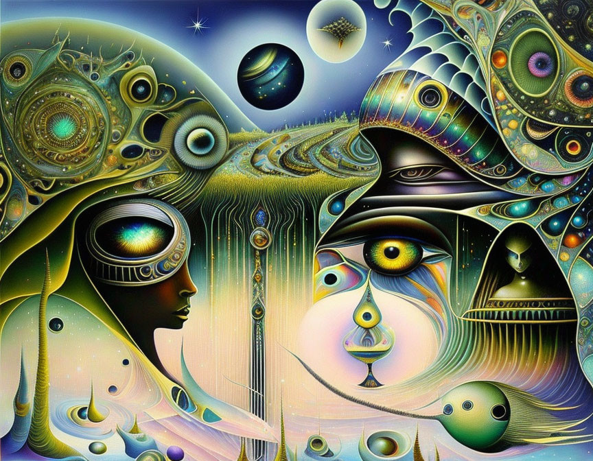 Psychedelic surreal landscape with multiple eyes and celestial bodies