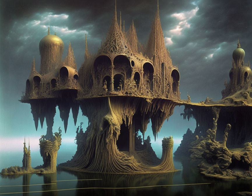 Alien city with tree-like structures and ornate buildings under stormy sky
