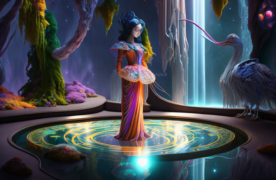 Mystical woman in colorful gown with glowing orb in fantastical forest