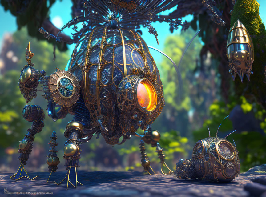 Intricate steampunk robot with spherical body among lush foliage