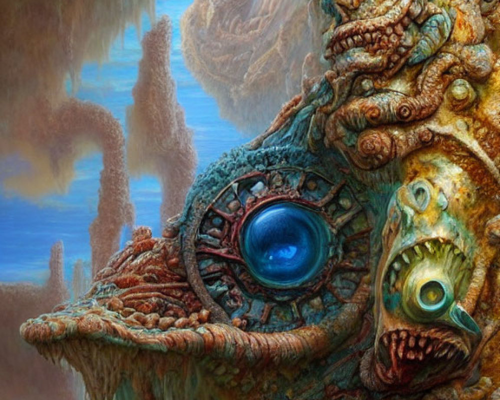 Vibrant surreal artwork: fantastical creature, multiple eyes, intricate textures, dreamlike backdrop.