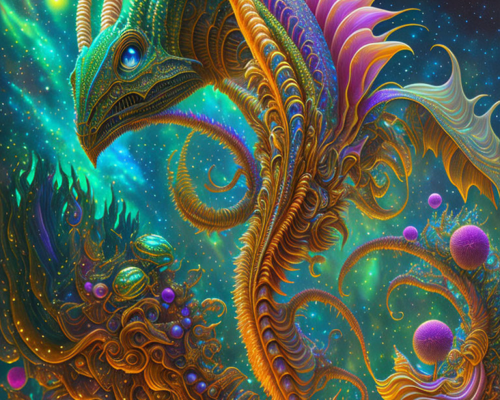 Colorful surreal dragon in cosmic setting