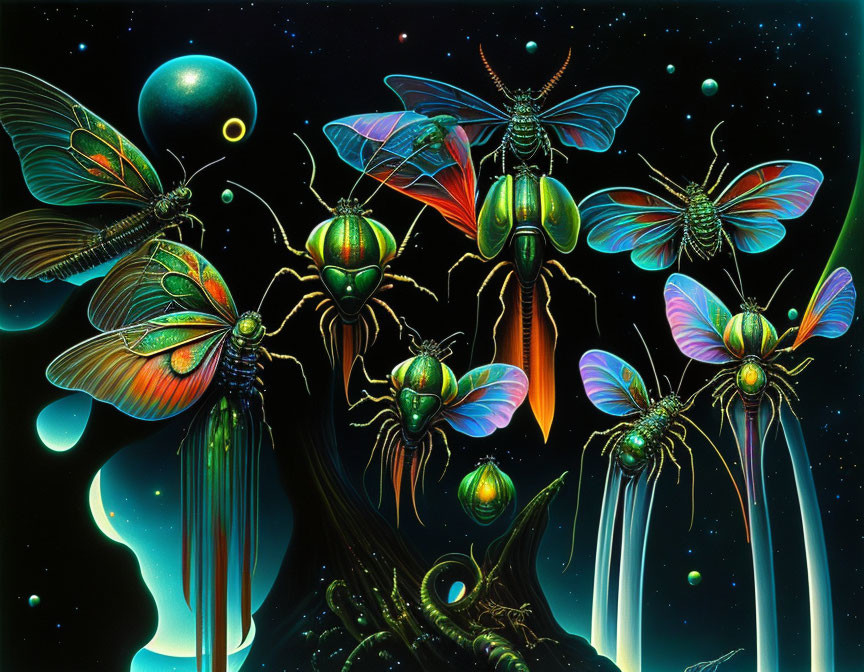 Colorful surreal artwork: Oversized insects with wings on dark landscape