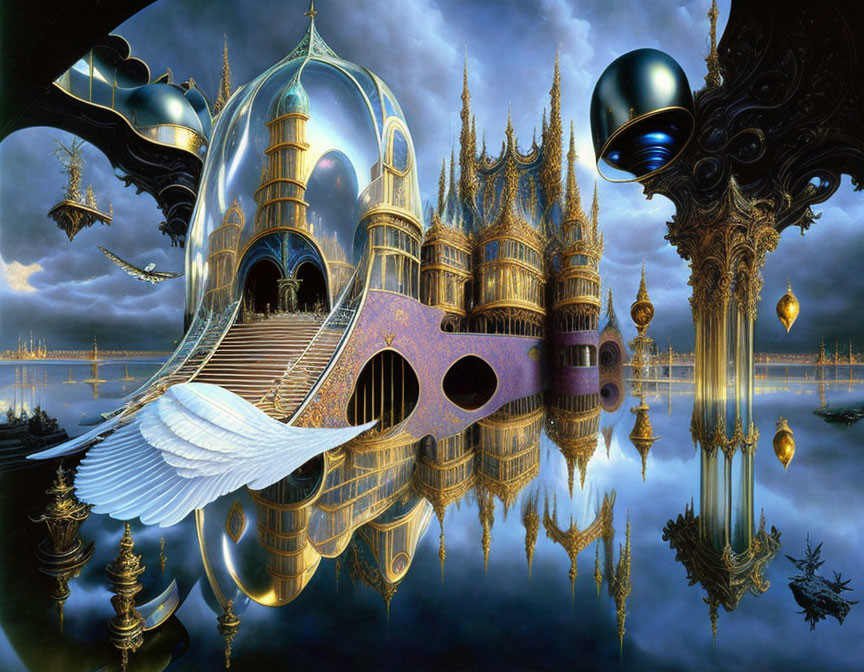 Surreal ornate cityscape with reflective water surface and whimsical architecture