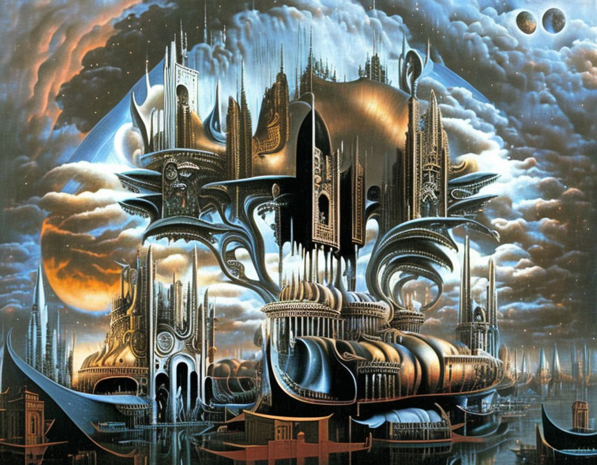 Fantastical cityscape with futuristic architecture and multiple moons.
