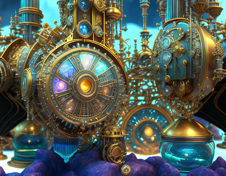 Intricate steampunk cityscape with gear-driven structures and glowing orbs