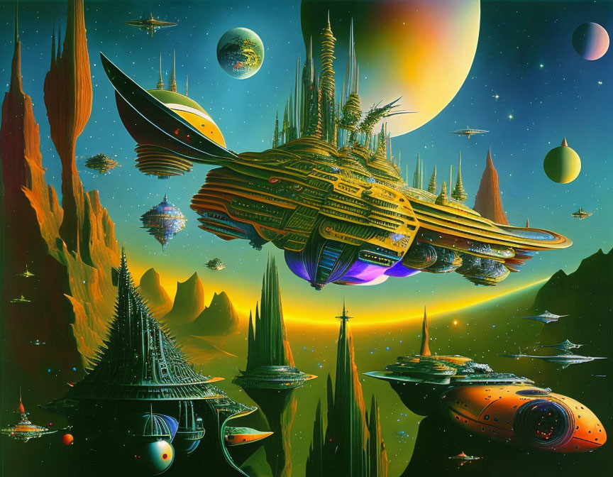Futuristic sci-fi landscape with spacecraft, spire-like structures, and colorful sky