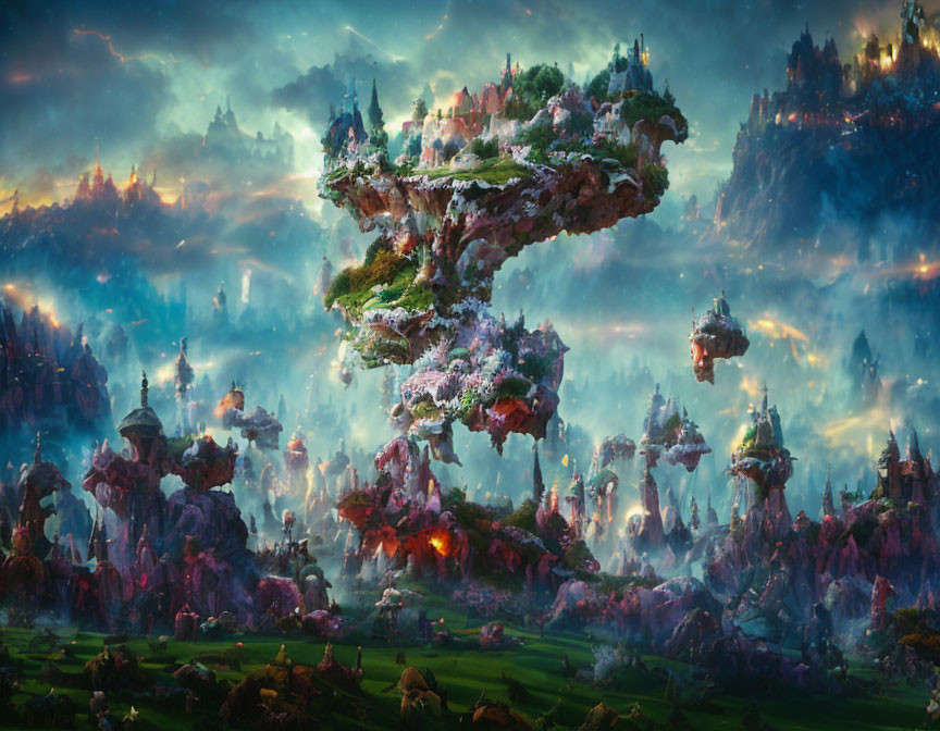 Fantastical landscape with floating islands, castles, lush greenery, waterfalls, and dramatic