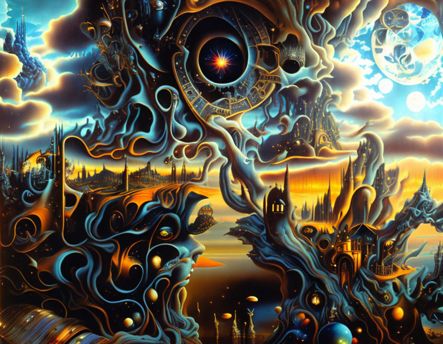 Vibrant surreal painting: melty landscapes, ornate towers, and celestial motifs with central eye