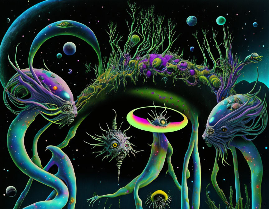 Colorful psychedelic creatures in cosmic scene
