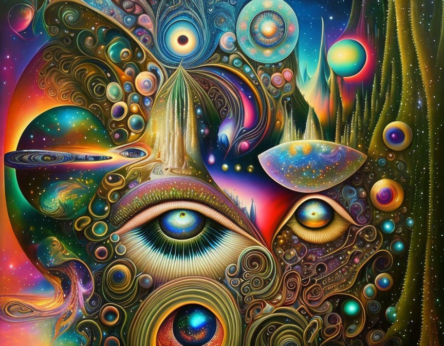 Colorful psychedelic artwork with eyes, celestial bodies, and intricate patterns