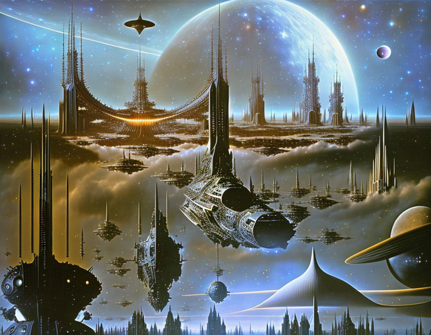 Futuristic space cityscape with towering spires and spacecraft