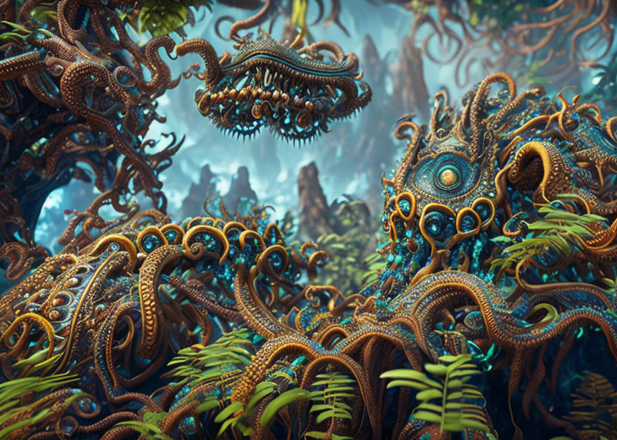 Alien landscape with tentacle-like structures and intricate patterns