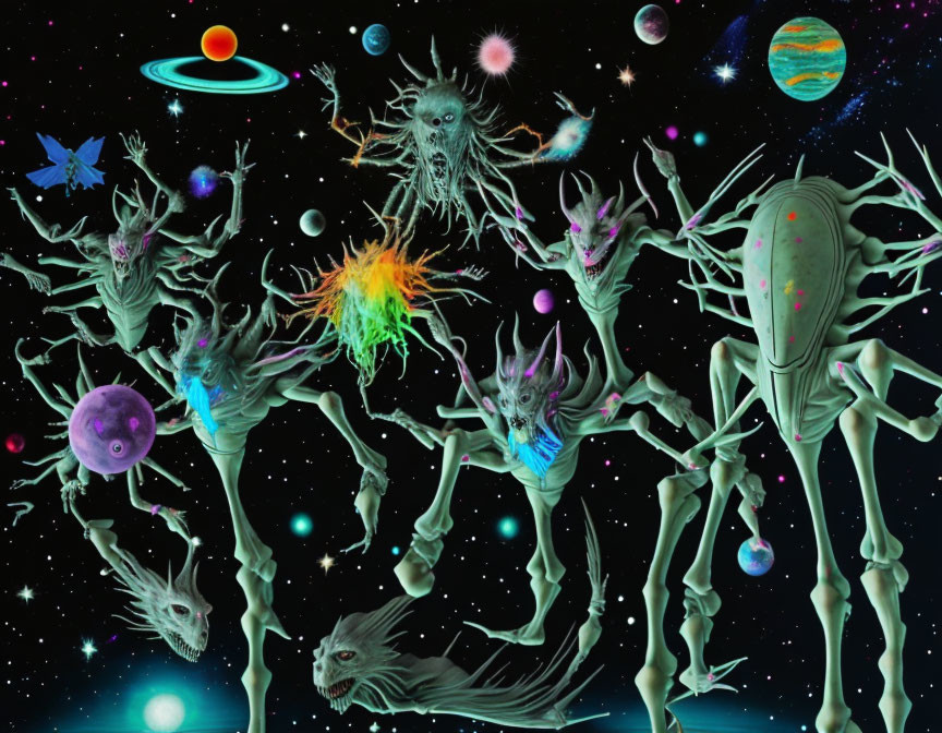 Colorful surreal space scene with anthropomorphic trees and celestial bodies