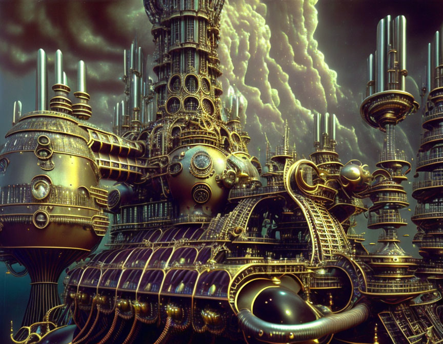Futuristic cityscape with golden domes and lightning bolts