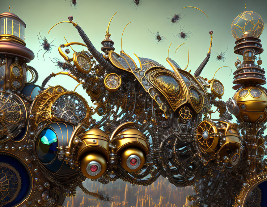 Steampunk mechanical structure with central eye and flying insects under golden sky