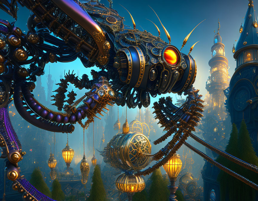 Steampunk landscape with glowing orbs and ornate buildings