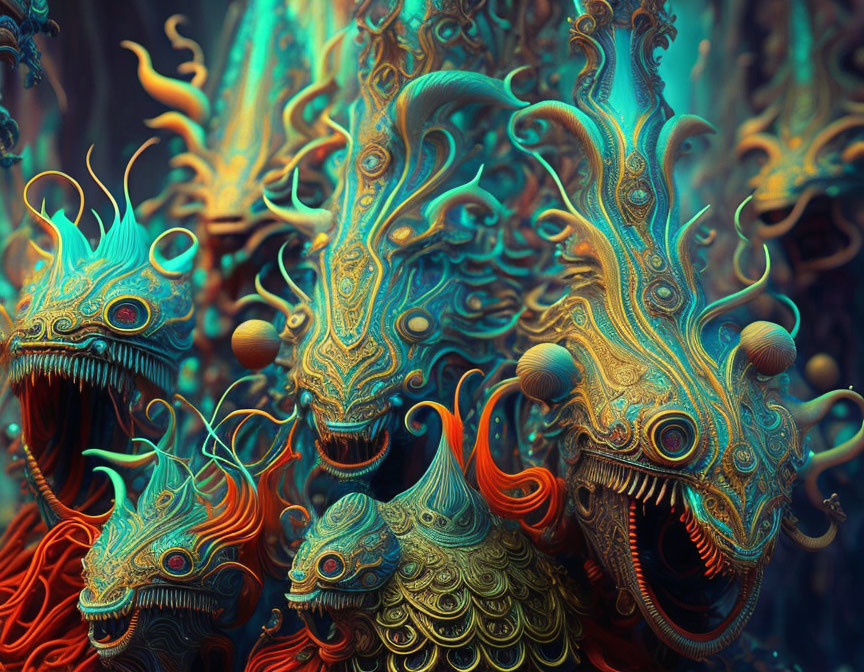Detailed digital art of fantastical dragon-like creatures with ornate patterns in blue and orange.