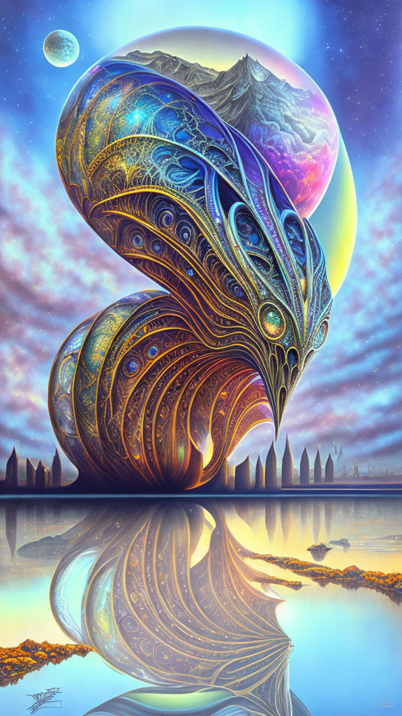 Colorful surreal artwork: Peacock-like structure with mountain backdrop, starry sky, reflected in water