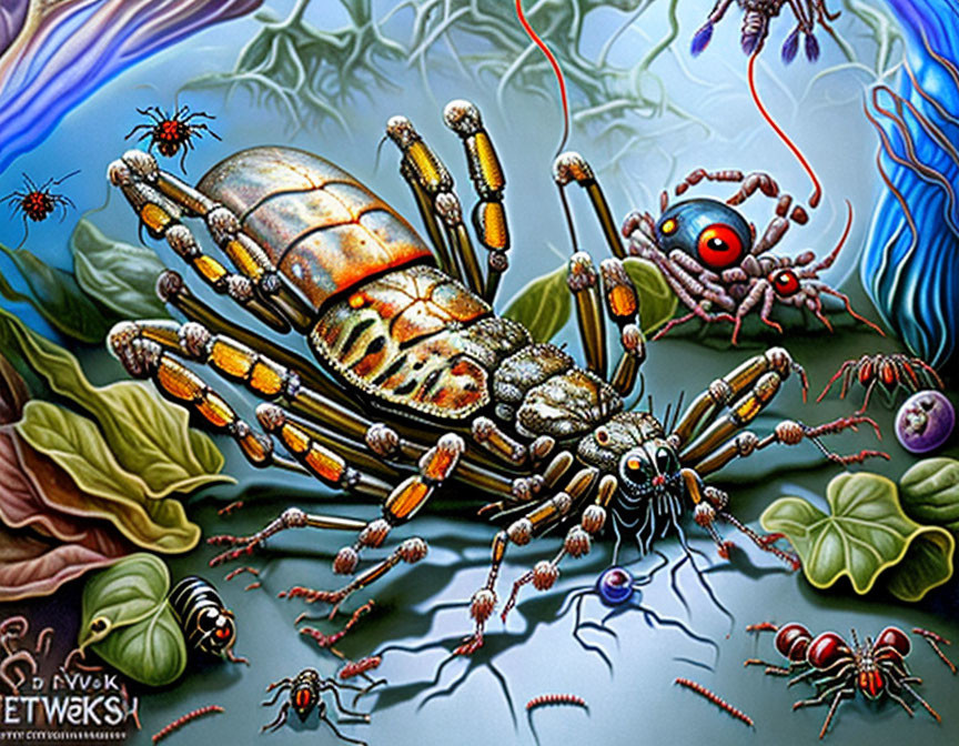 Colorful digital artwork: Stylized mechanical spider with insects and plants on blue background