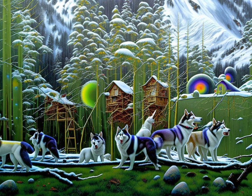 Vibrant painting of huskies in surreal bamboo forest