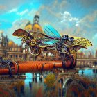 Steampunk-inspired fantasy landscape with brass structures, gears, orbs, and whimsical flora