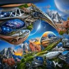 Fantasy artwork of two dragon-like creatures in ornate setting under full moon
