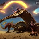 Detailed fantasy artwork: Skeletal dragon against dramatic sky with dual celestial rings