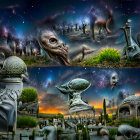 Whimsical organic-shaped buildings resembling creatures in night sky