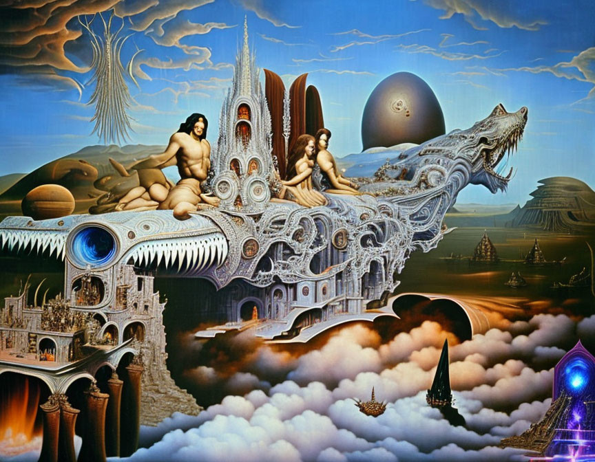 Surrealistic painting of muscular figures on dragon-shaped mechanical structure