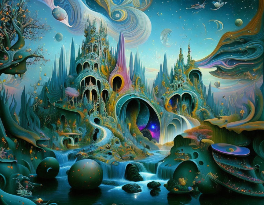 Fantasy landscape with swirling skies and alien architecture