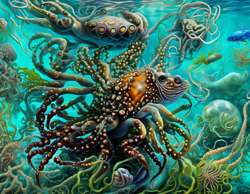 Detailed underwater scene with vibrant octopus and sea life in rich blues and greens