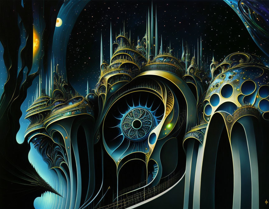 Fantastical digital artwork: Dark starry sky, alien city with glowing lights.