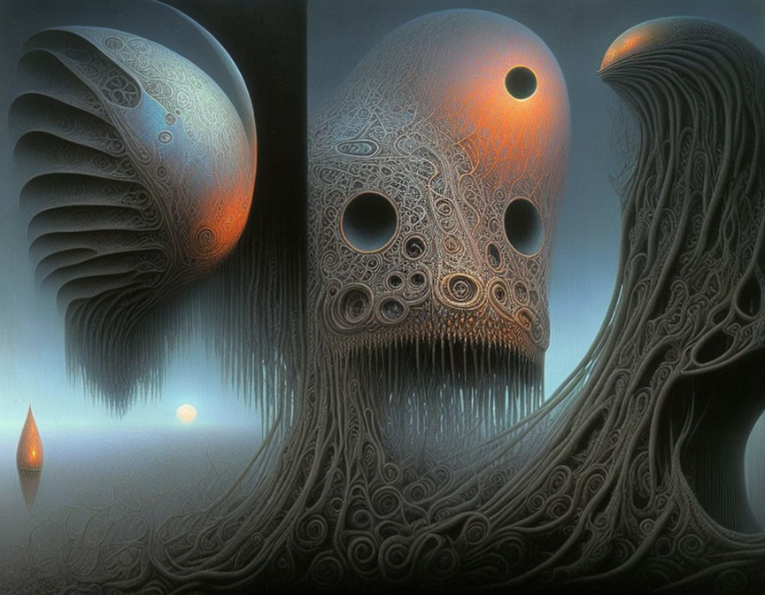 Surreal painting of eerie landscape with mask-like structures