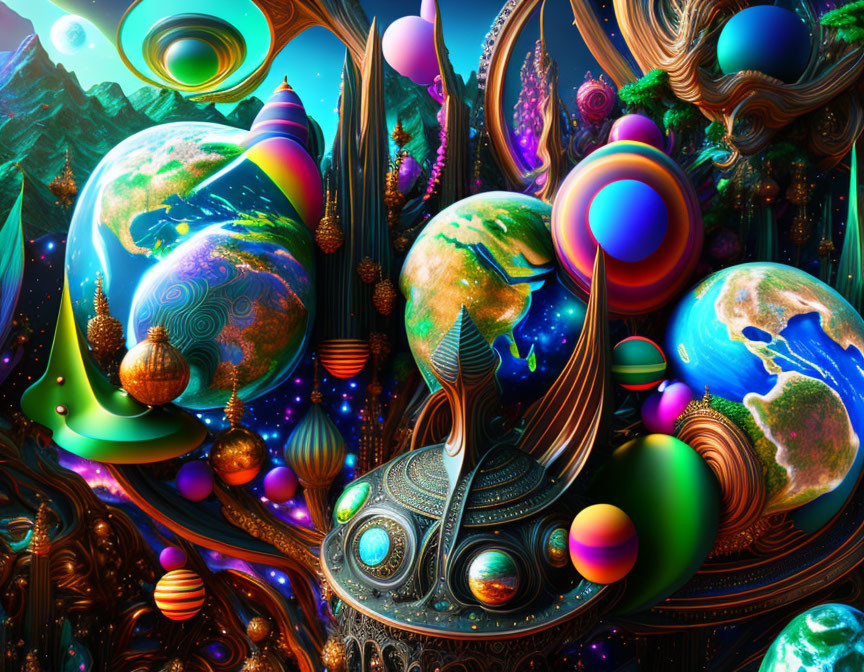 Abstract surreal digital art: vibrant shapes, colorful spheres, cosmic patterns.