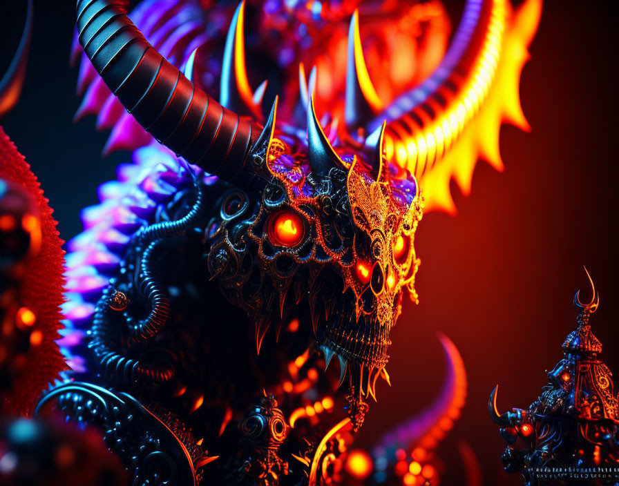Colorful Fantasy Image: Metallic Dragon Creatures in Fiery Setting