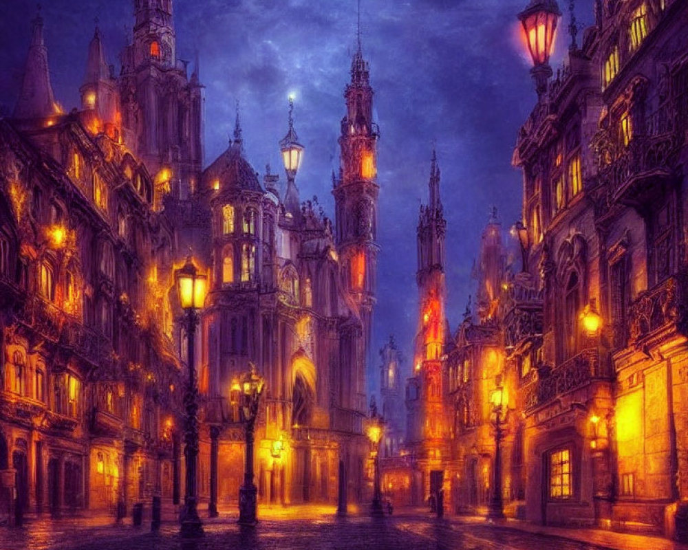 Moonlit cobblestone street with Gothic buildings and antique streetlamps