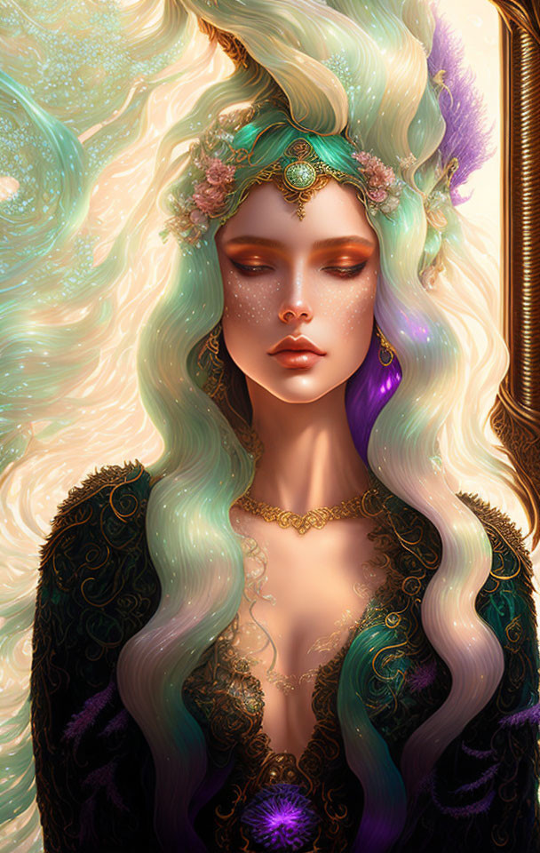 Fantasy illustration: Woman with multicolored hair and mystical glow
