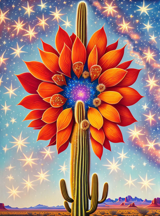 Colorful Artwork: Cactus and Sunflower in Starry Desert Landscape