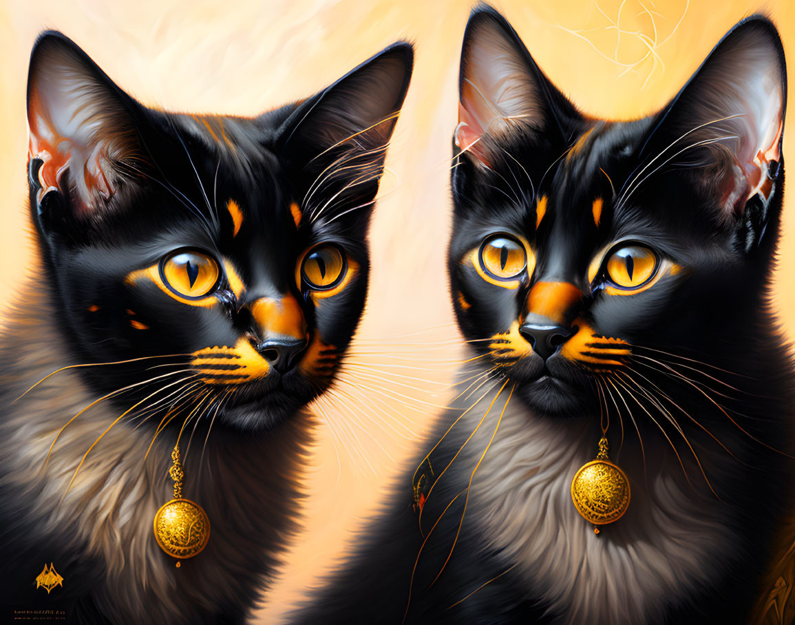 Two Black Cats with Orange Markings and Golden Pendants on Warm Orange Background