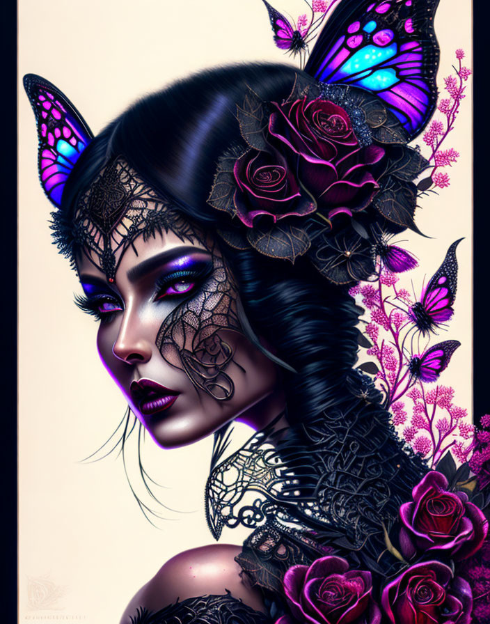 Dark-haired woman with purple hues, butterflies, lace, and roses in elegant art