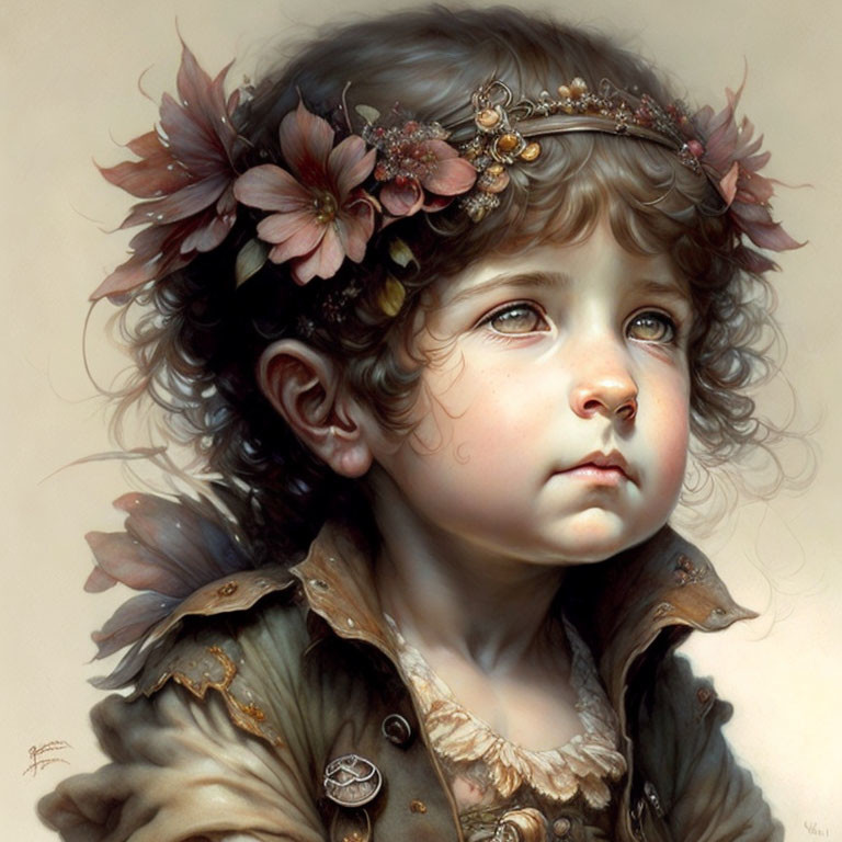 Portrait of young child with floral headband in soft, rich colors