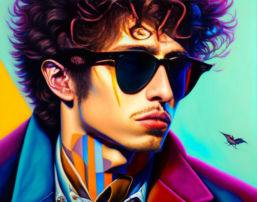 Colorful Portrait of Man with Curly Hair and Bird Background