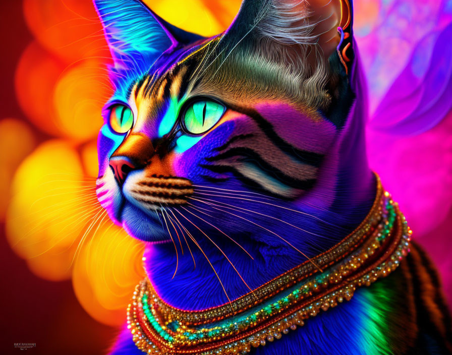 Colorful Digital Artwork: Cat with Blue and Green Hues, Intricate Patterns, Glowing