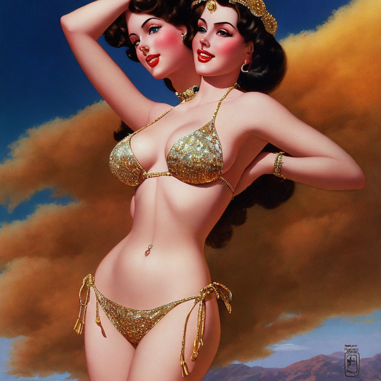 Vintage-style illustration: Woman in gold bikini against blue sky