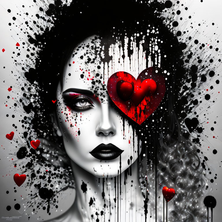 Monochrome portrait of a woman with splattered paint effects and red hearts