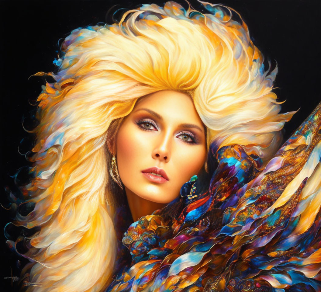 Colorful portrait of a woman with golden hair and feathered garment.
