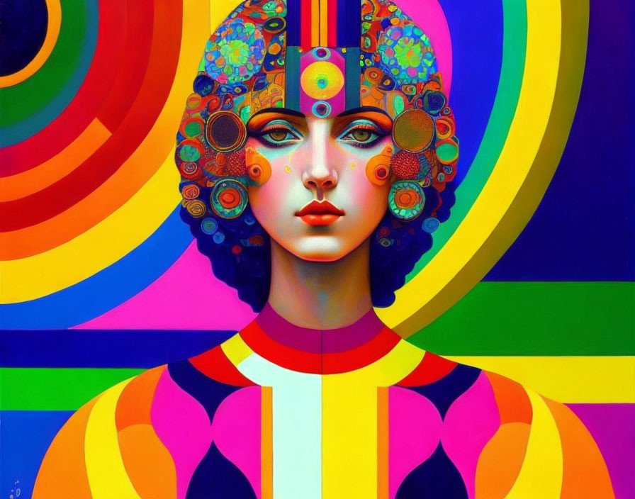 Colorful Psychedelic Portrait of Woman with Geometric and Floral Patterns