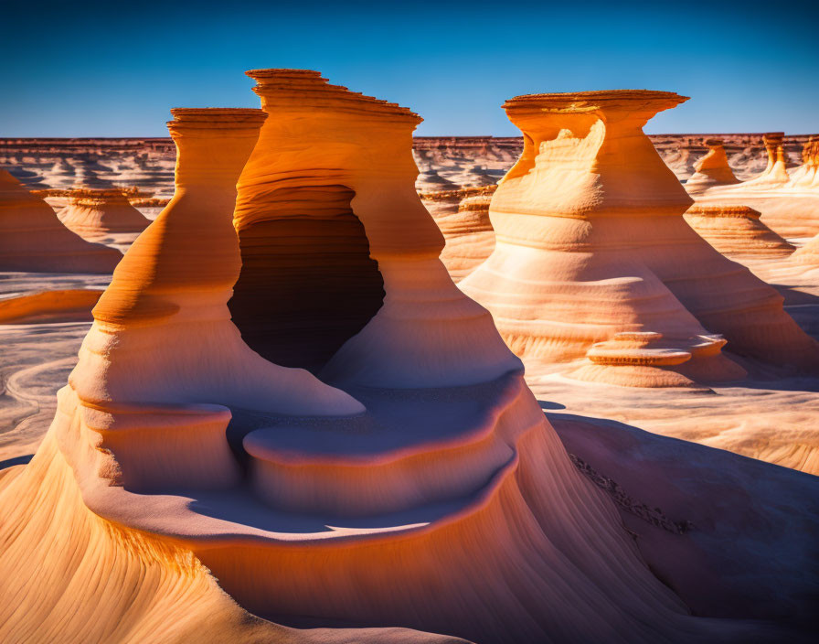Sandstone Formations with Striated Patterns at Sunset